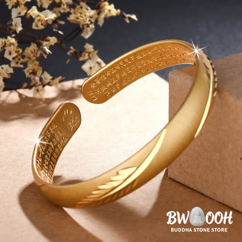 Buddha Stones Feather Heart Sutra Engraved Pattern Wealth Copper Cuff Bracelet Bangle - BWOOOH - Bracelet Bangle
