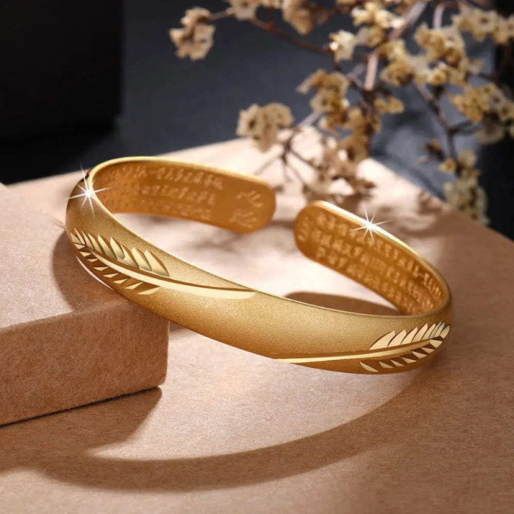 BWOOOH Feather Heart Sutra Engraved Pattern Wealth Copper Cuff Bracelet Bangle - BWOOOH - Gold Feather