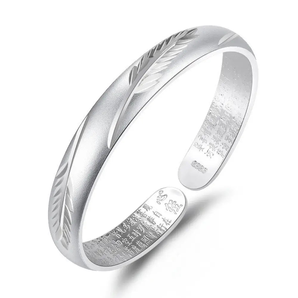 Buddha Stones Feather Heart Sutra Engraved Pattern Wealth Copper Cuff Bracelet Bangle - BWOOOH - Silver Feather