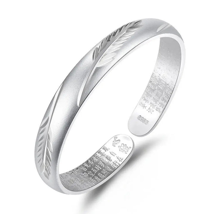 Buddha Stones Feather Heart Sutra Engraved Pattern Wealth Copper Cuff Bracelet Bangle - BWOOOH - Silver Feather