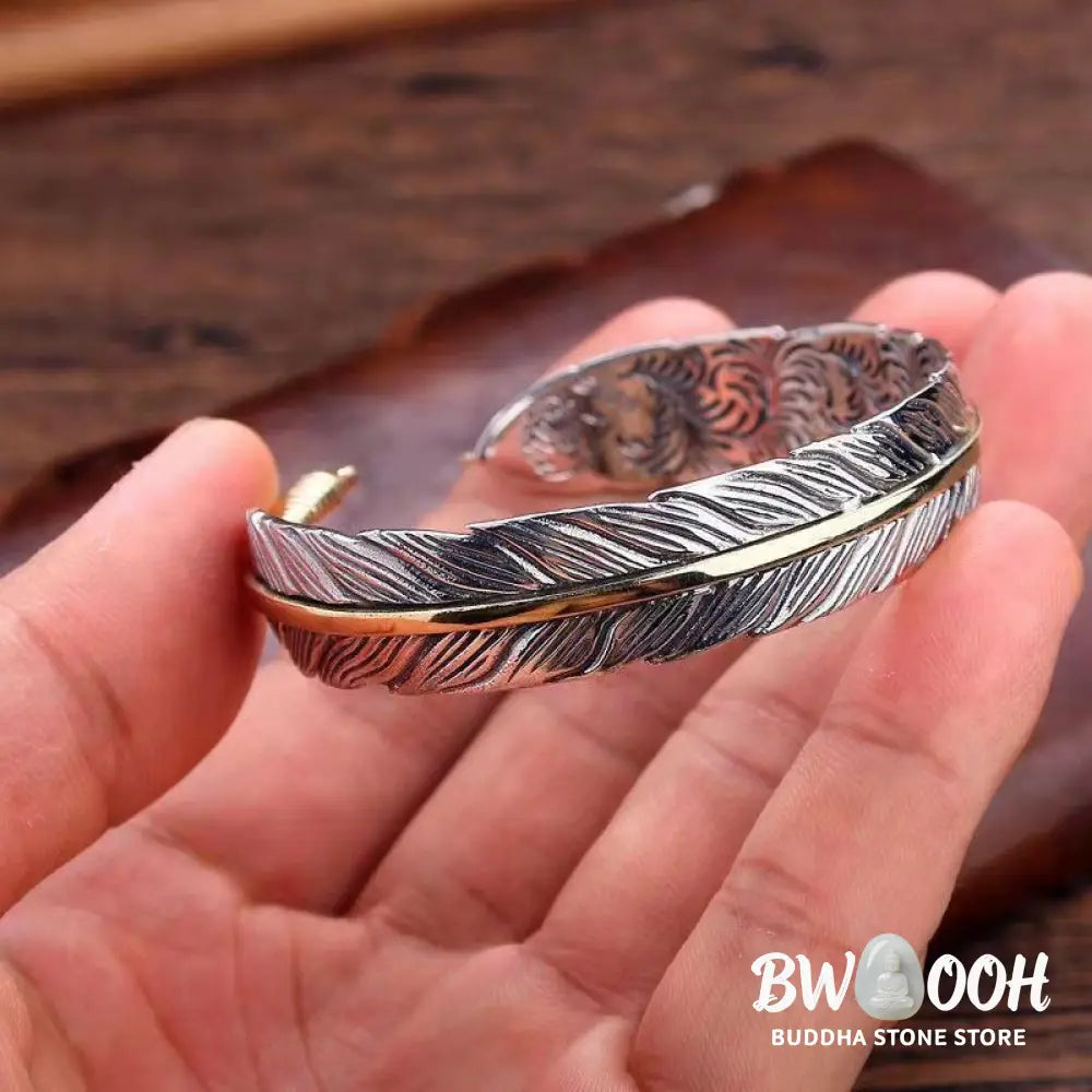 Buddha Stones Feather Pattern Carved Luck Wealth Cuff Bracelet Bangle - BWOOOH - Feather - Bracelet Bangle