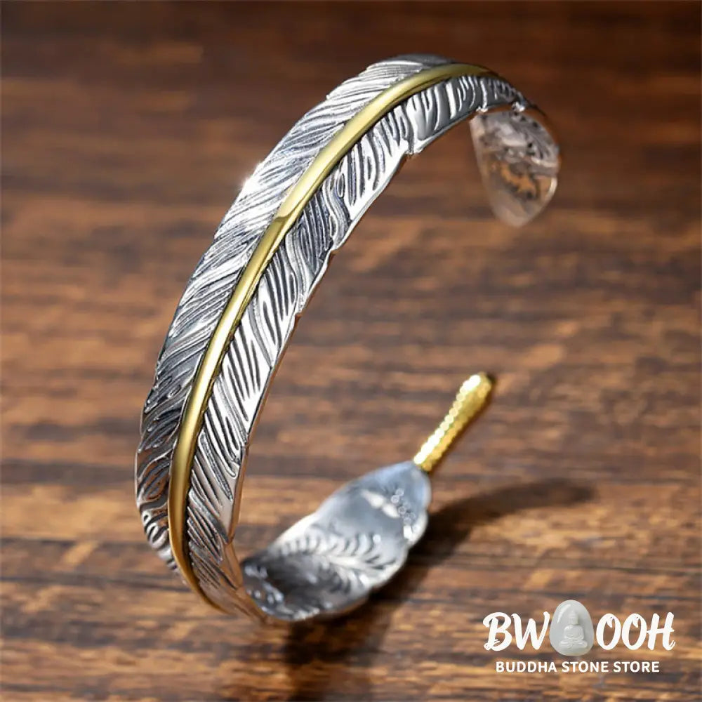 Buddha Stones Feather Pattern Carved Luck Wealth Cuff Bracelet Bangle - BWOOOH - Feather - Bracelet Bangle