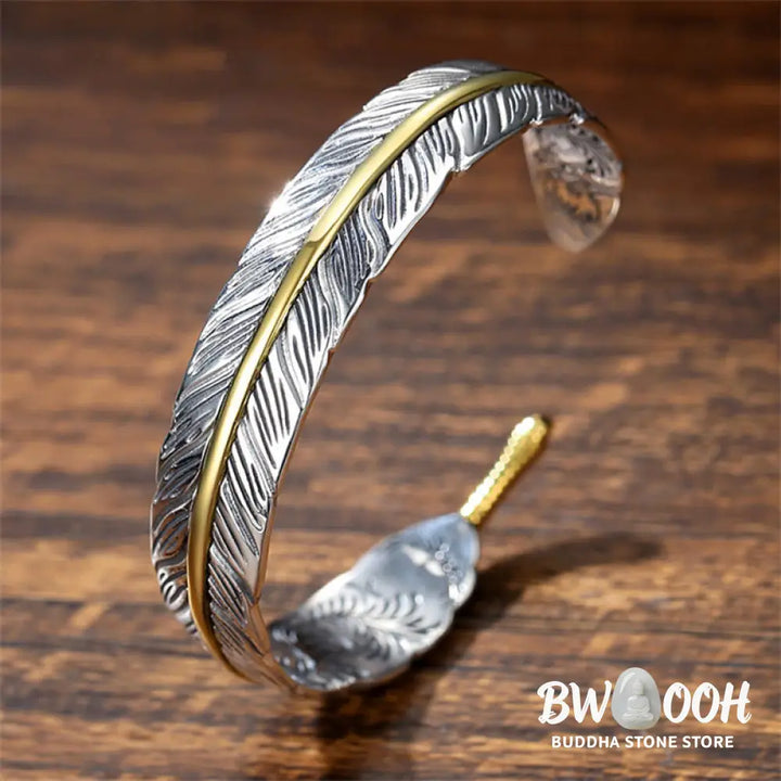 Buddha Stones Feather Pattern Carved Luck Wealth Cuff Bracelet Bangle - BWOOOH - Feather - Bracelet Bangle
