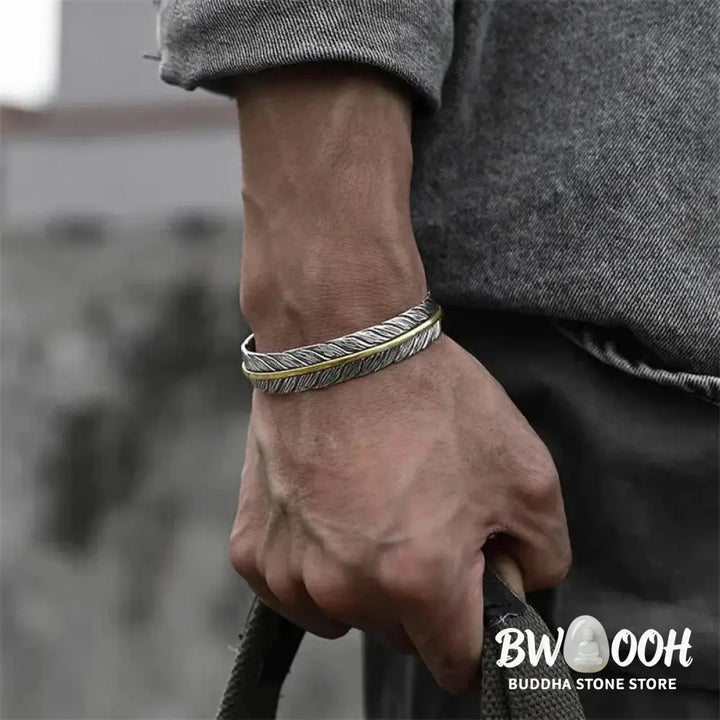 Buddha Stones Feather Pattern Carved Luck Wealth Cuff Bracelet Bangle - BWOOOH - Feather - Bracelet Bangle