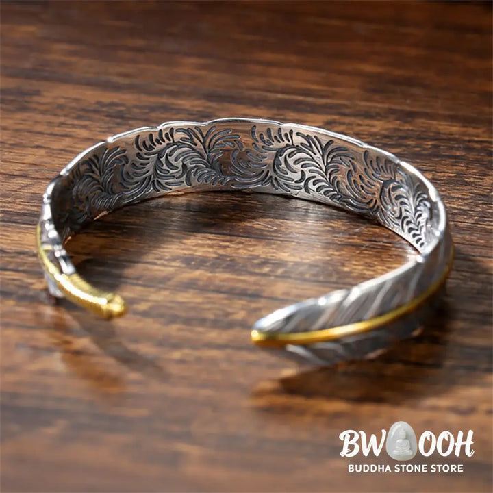 Buddha Stones Feather Pattern Carved Luck Wealth Cuff Bracelet Bangle - BWOOOH - Feather - Bracelet Bangle