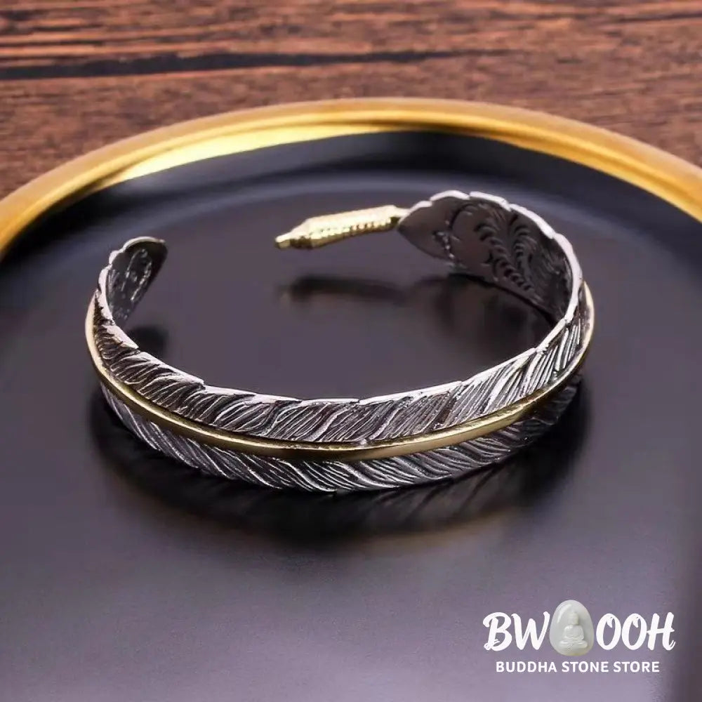 Buddha Stones Feather Pattern Carved Luck Wealth Cuff Bracelet Bangle - BWOOOH - Feather - Bracelet Bangle