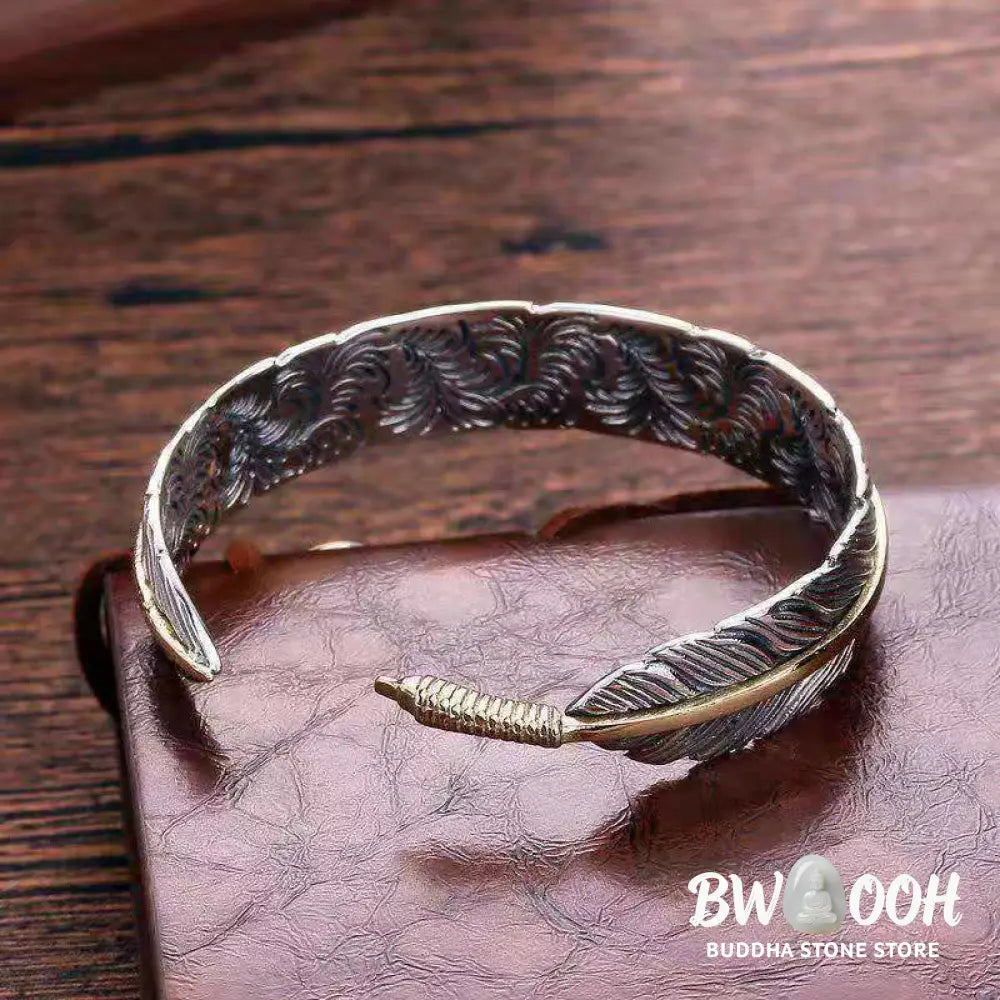 Buddha Stones Feather Pattern Carved Luck Wealth Cuff Bracelet Bangle - BWOOOH - Feather - Bracelet Bangle