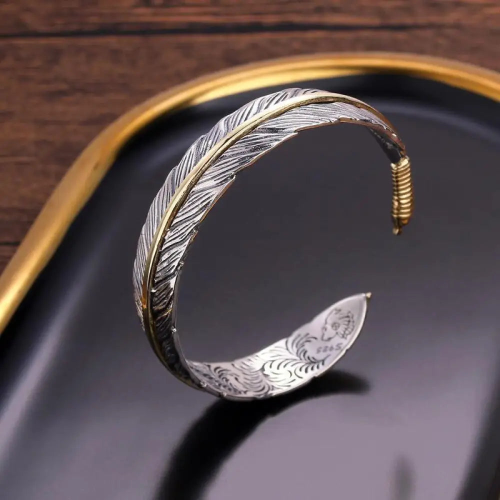 BWOOOH Feather Pattern Carved Luck Wealth Cuff Bracelet Bangle – Copper feng shui car charm for healing and spiritual wellness