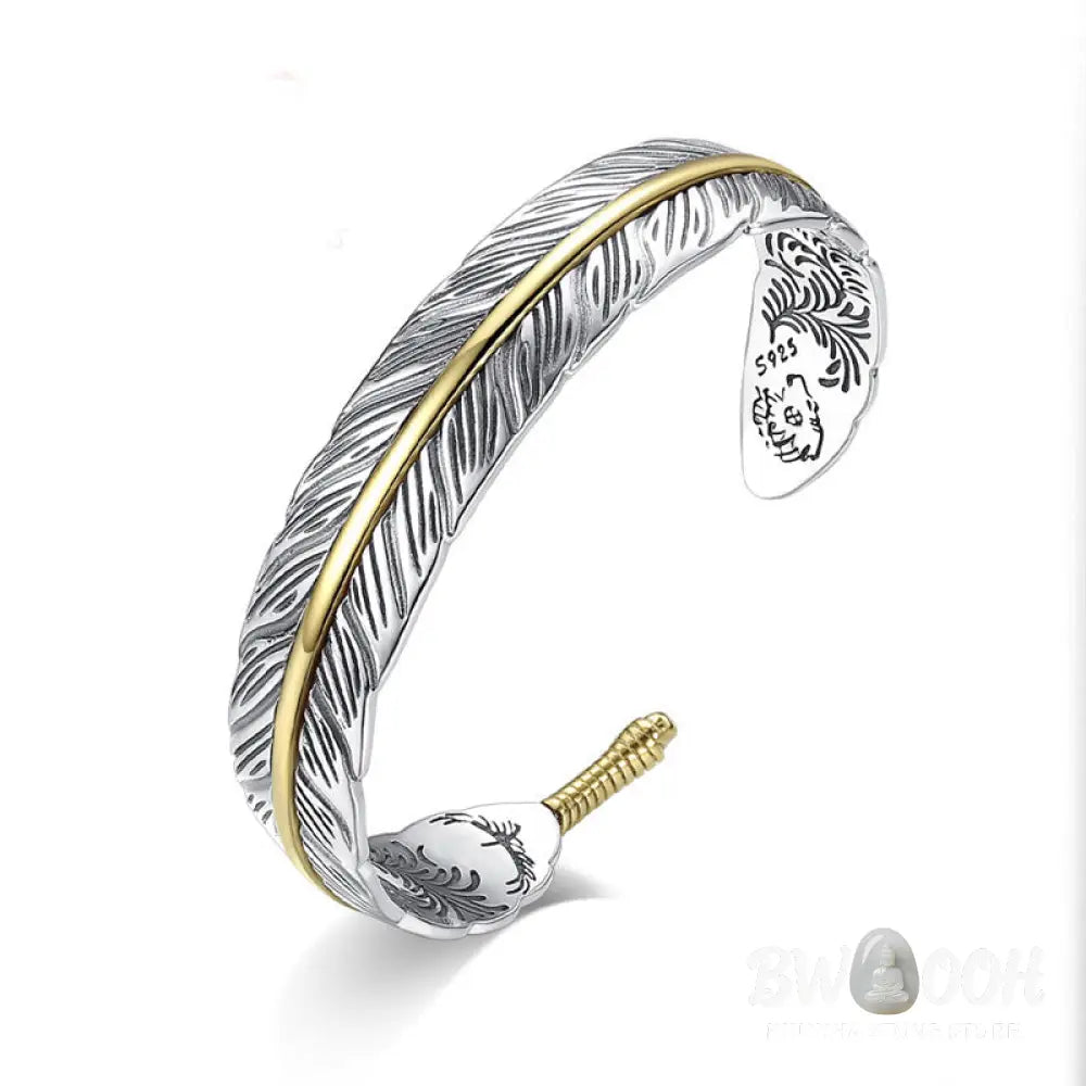 Buddha Stones Feather Pattern Carved Luck Wealth Cuff Bracelet Bangle - BWOOOH - Feather - Bracelet Bangle