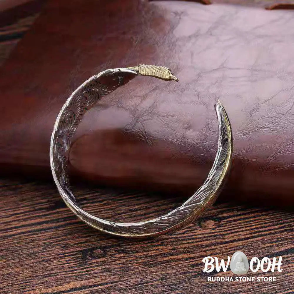 Buddha Stones Feather Pattern Carved Luck Wealth Cuff Bracelet Bangle - BWOOOH - Feather - Bracelet Bangle