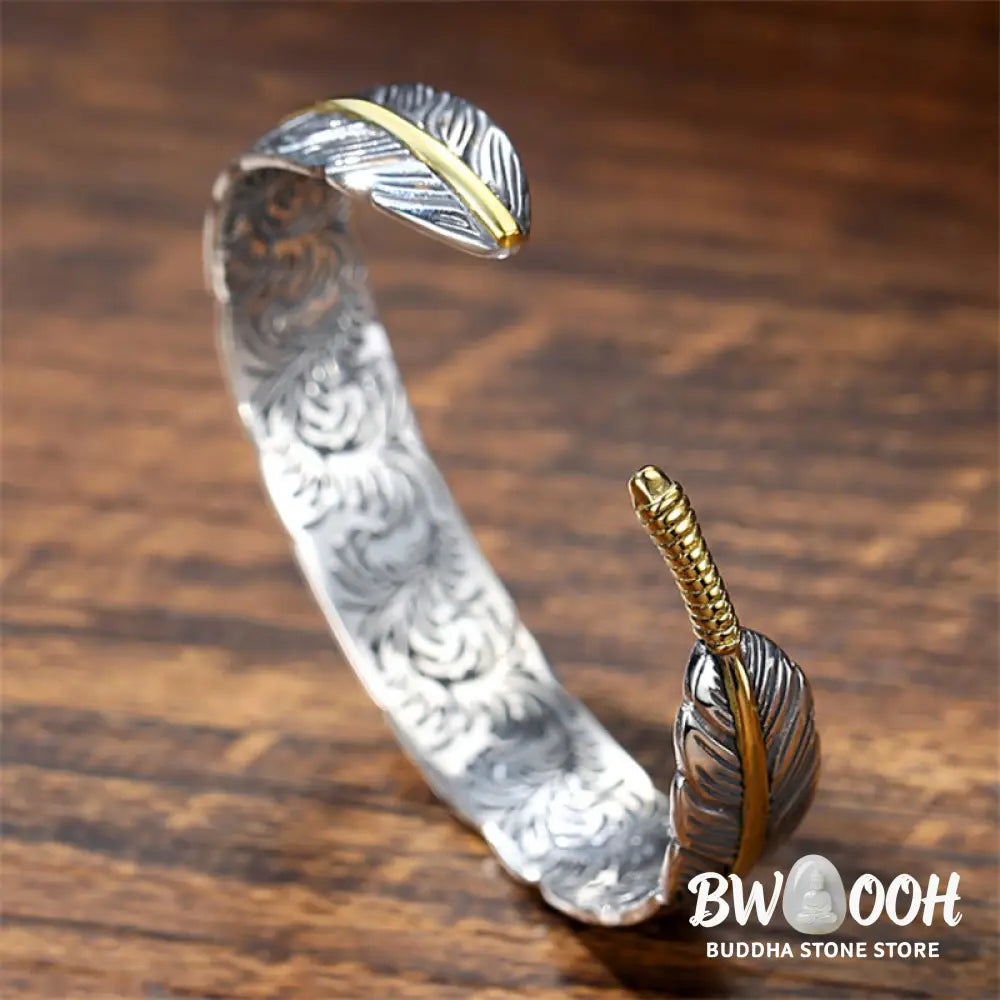 Buddha Stones Feather Pattern Carved Luck Wealth Cuff Bracelet Bangle - BWOOOH - Feather - Bracelet Bangle