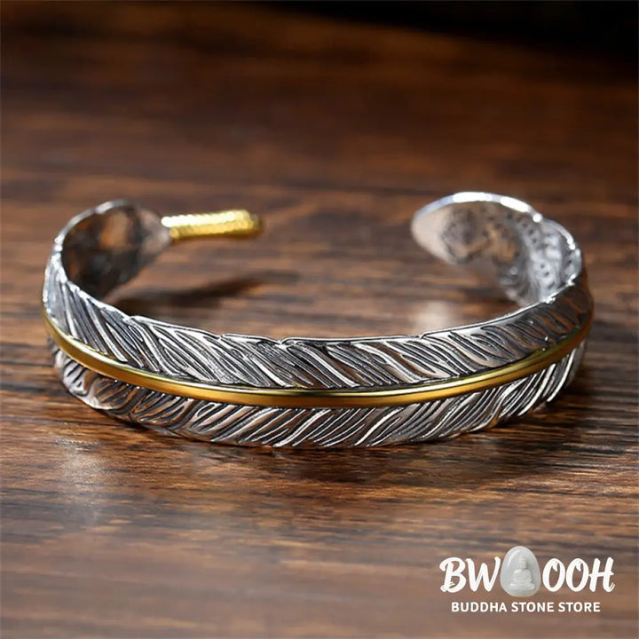 Buddha Stones Feather Pattern Carved Luck Wealth Cuff Bracelet Bangle - BWOOOH - Feather - Bracelet Bangle