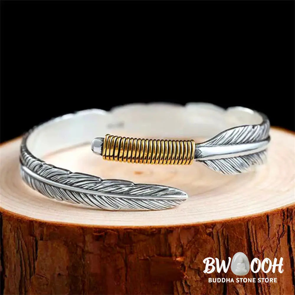 Buddha Stones Feather Pattern Engraved Luck Cuff Bracelet Bangle - BWOOOH - Feather - Bracelet Bangle