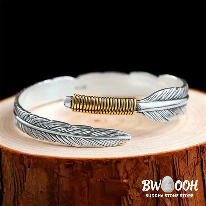 Buddha Stones Feather Pattern Engraved Luck Cuff Bracelet Bangle - BWOOOH - Feather - Bracelet Bangle