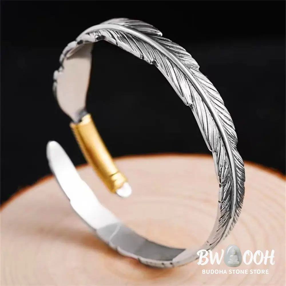 Buddha Stones Feather Pattern Engraved Luck Cuff Bracelet Bangle - BWOOOH - Feather - Bracelet Bangle