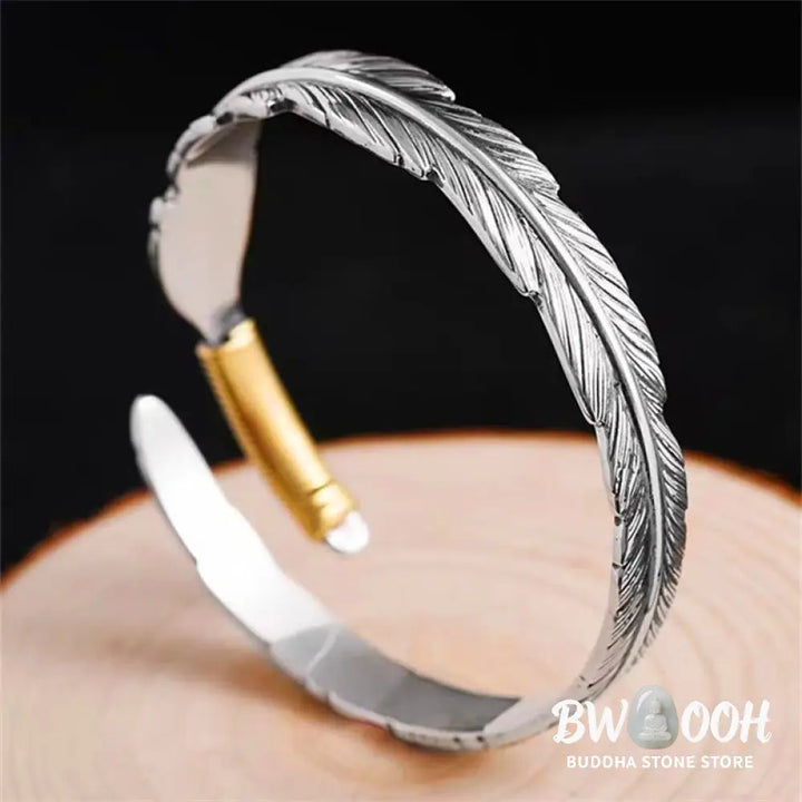 Buddha Stones Feather Pattern Engraved Luck Cuff Bracelet Bangle - BWOOOH - Feather - Bracelet Bangle