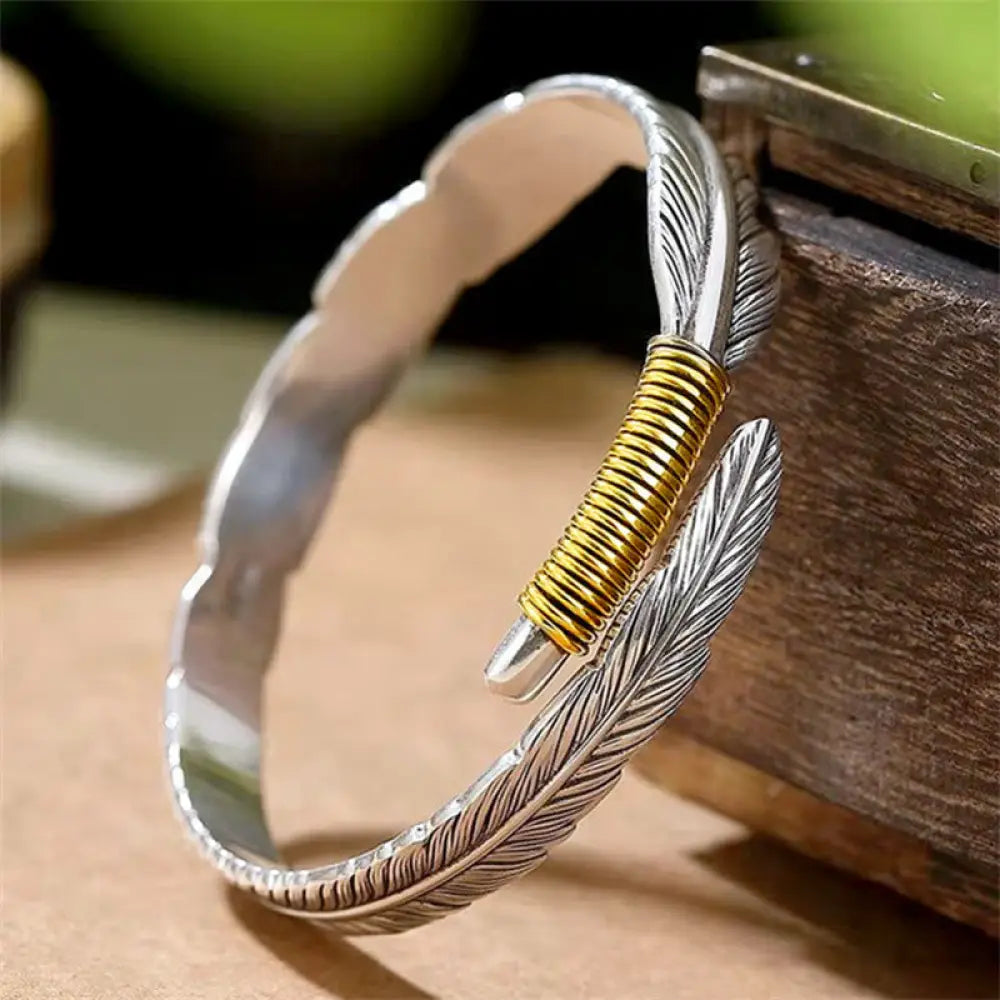 BWOOOH Feather Pattern Engraved Luck Cuff Bracelet Bangle - BWOOOH - Feather - Bracelet Bangle