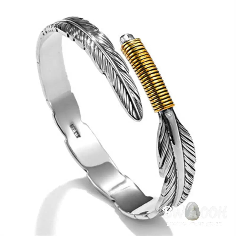 Buddha Stones Feather Pattern Engraved Luck Cuff Bracelet Bangle - BWOOOH - Feather - Bracelet Bangle