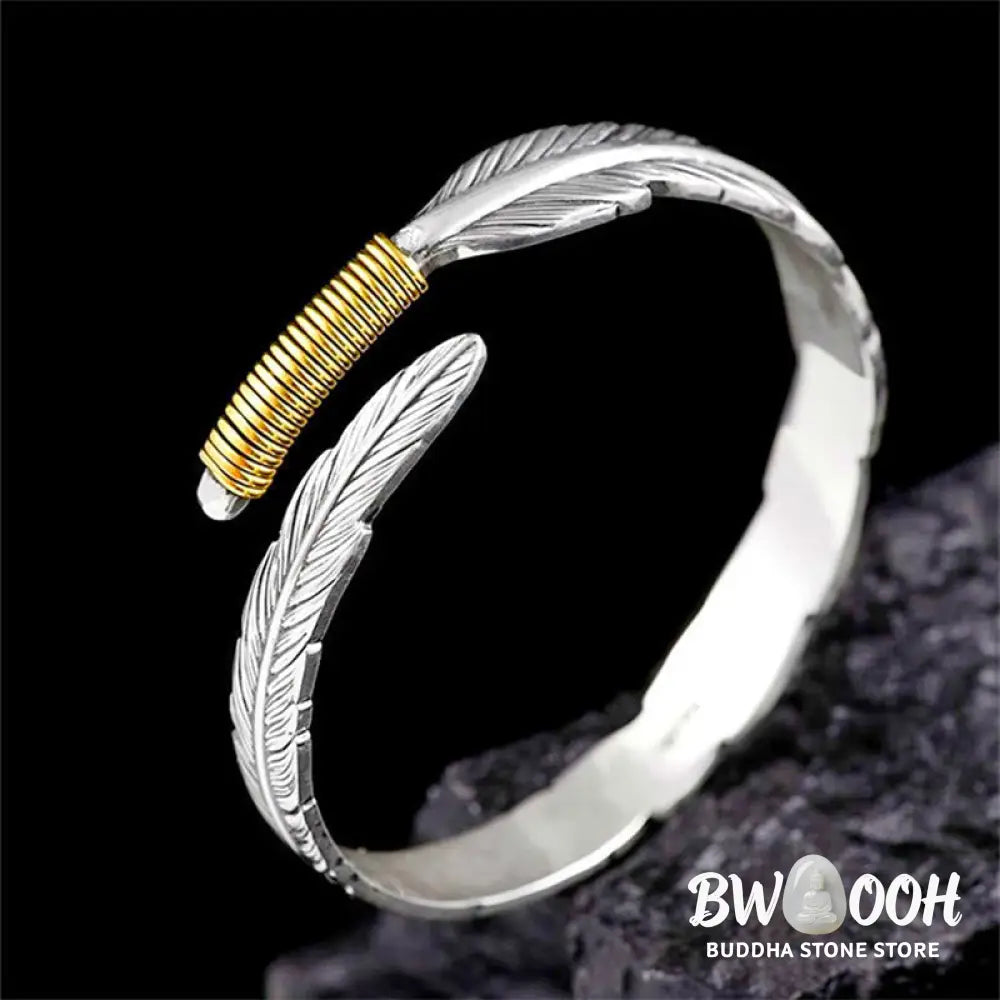 Buddha Stones Feather Pattern Engraved Luck Cuff Bracelet Bangle - BWOOOH - Feather - Bracelet Bangle