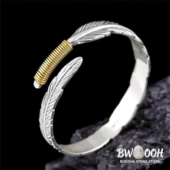Buddha Stones Feather Pattern Engraved Luck Cuff Bracelet Bangle - BWOOOH - Feather - Bracelet Bangle