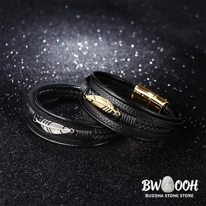 Buddha Stones Feather Pattern Multilayer Leather Titanium Steel Calm Braided Magnetic Buckle Bracelet - BWOOOH
