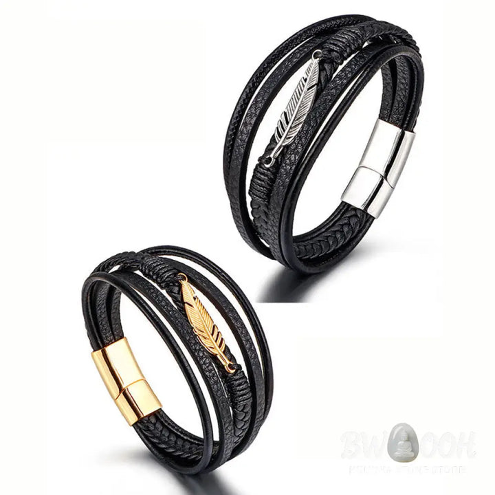 Buddha Stones Feather Pattern Multilayer Leather Titanium Steel Calm Braided Magnetic Buckle Bracelet - BWOOOH