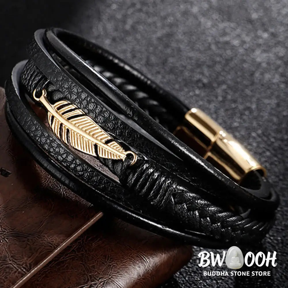 Buddha Stones Feather Pattern Multilayer Leather Titanium Steel Calm Braided Magnetic Buckle Bracelet - BWOOOH
