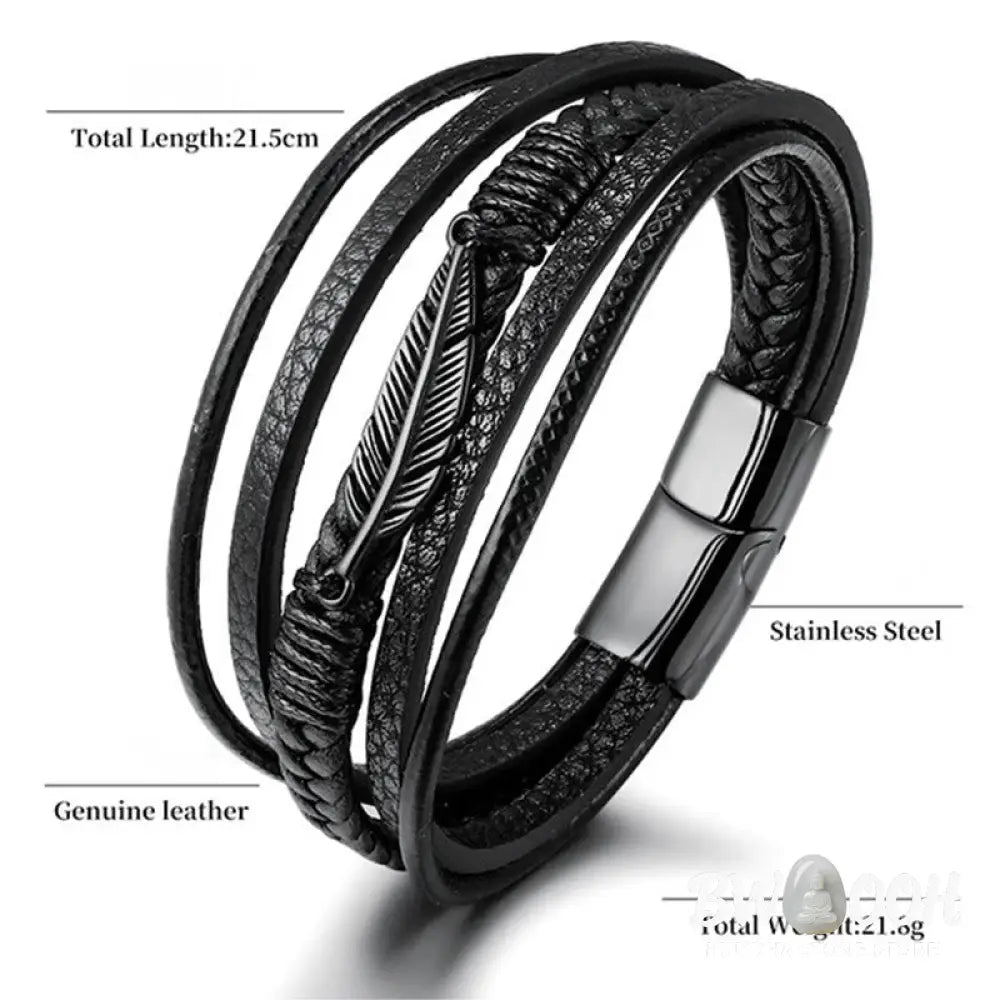 Buddha Stones Feather Pattern Multilayer Leather Titanium Steel Calm Braided Magnetic Buckle Bracelet - BWOOOH