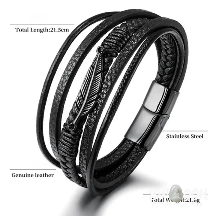 Buddha Stones Feather Pattern Multilayer Leather Titanium Steel Calm Braided Magnetic Buckle Bracelet - BWOOOH