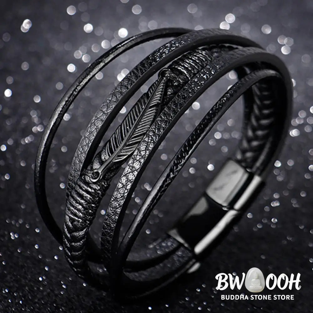 Buddha Stones Feather Pattern Multilayer Leather Titanium Steel Calm Braided Magnetic Buckle Bracelet - BWOOOH