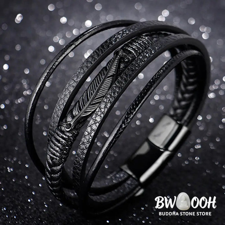 Buddha Stones Feather Pattern Multilayer Leather Titanium Steel Calm Braided Magnetic Buckle Bracelet - BWOOOH