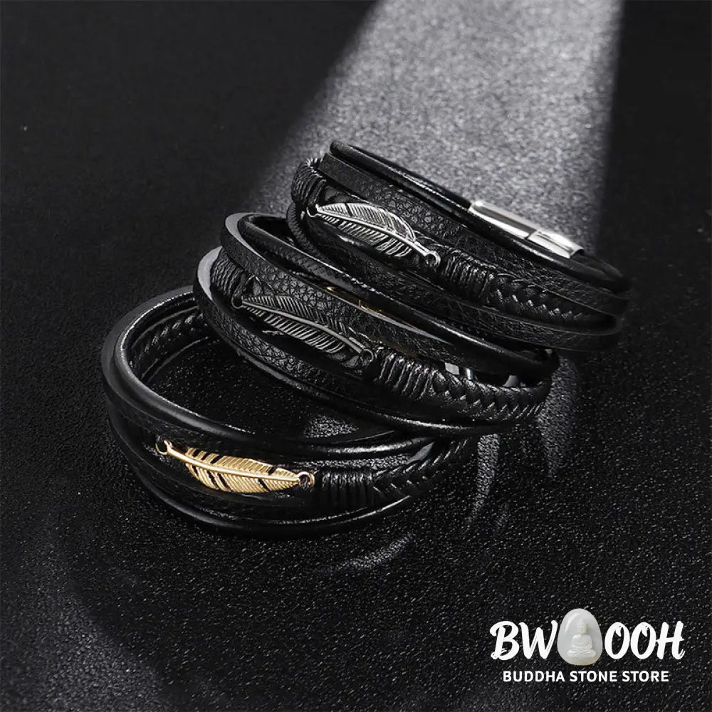 Buddha Stones Feather Pattern Multilayer Leather Titanium Steel Calm Braided Magnetic Buckle Bracelet - BWOOOH