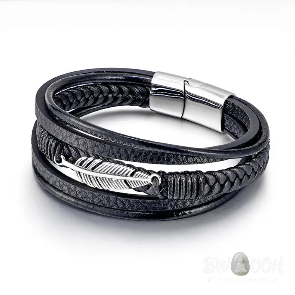 Buddha Stones Feather Pattern Multilayer Leather Titanium Steel Calm Braided Magnetic Buckle Bracelet - BWOOOH