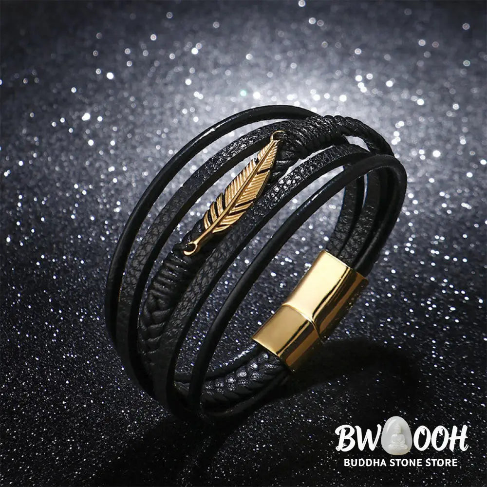 Buddha Stones Feather Pattern Multilayer Leather Titanium Steel Calm Braided Magnetic Buckle Bracelet - BWOOOH