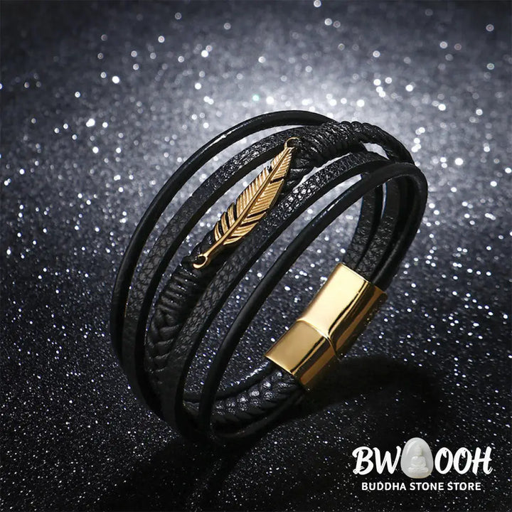 Buddha Stones Feather Pattern Multilayer Leather Titanium Steel Calm Braided Magnetic Buckle Bracelet - BWOOOH