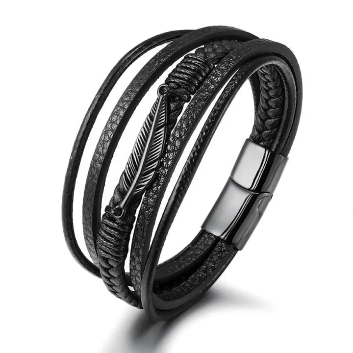 Buddha Stones Feather Pattern Multilayer Leather Titanium Steel Calm Braided Magnetic Buckle Bracelet - BWOOOH - Black