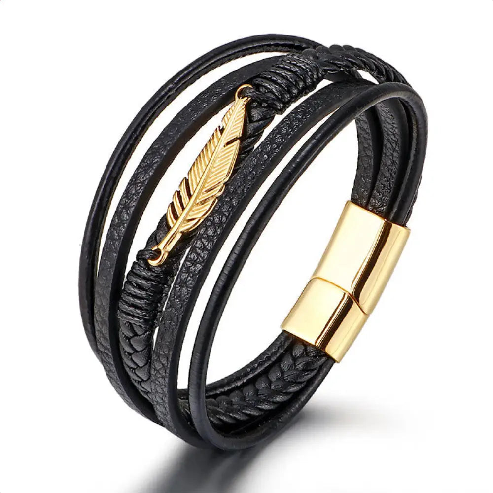 BWOOOH Feather Pattern Multilayer Leather Titanium Steel Calm Braided Magnetic Buckle Bracelet - BWOOOH - Gold