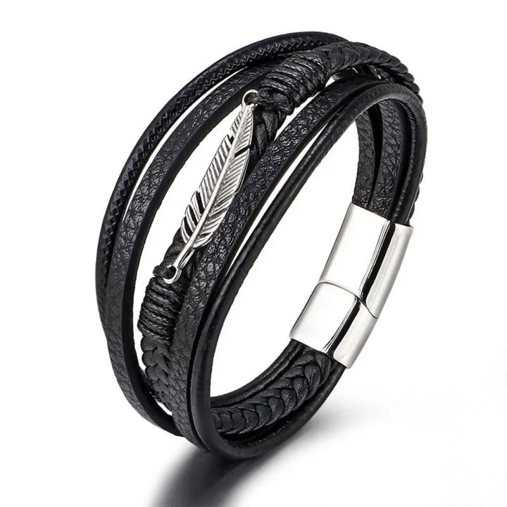 Buddha Stones Feather Pattern Multilayer Leather Titanium Steel Calm Braided Magnetic Buckle Bracelet - BWOOOH - Silver