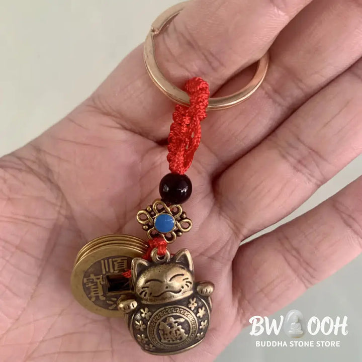 Buddha Stones Feng Shui Five Emperor Coins Lucky Cat Money Wealth Keychain - Lucky Cat - Key Chain