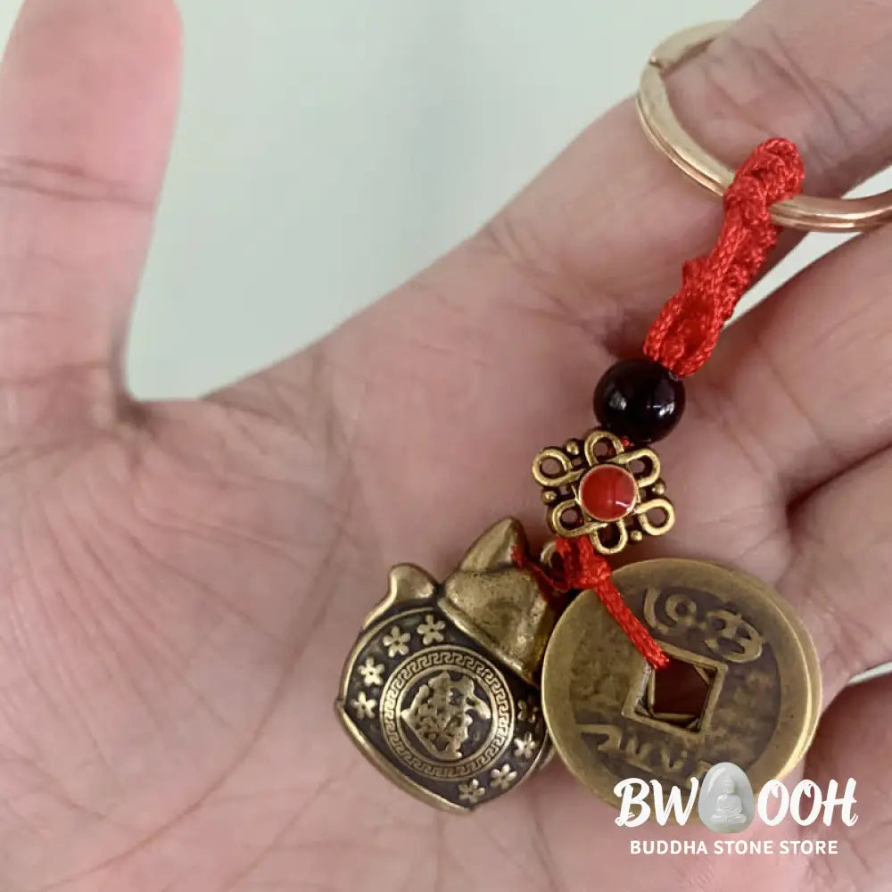 Buddha Stones Feng Shui Five Emperor Coins Lucky Cat Money Wealth Keychain - Lucky Cat - Key Chain