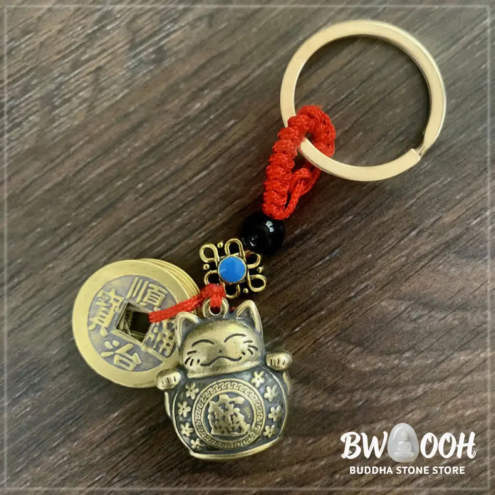 Buddha Stones Feng Shui Five Emperor Coins Lucky Cat Money Wealth Keychain - Lucky Cat - Key Chain