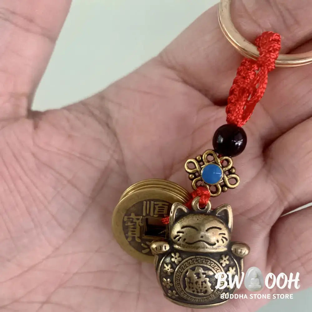 Buddha Stones Feng Shui Five Emperor Coins Lucky Cat Money Wealth Keychain - Lucky Cat - Key Chain