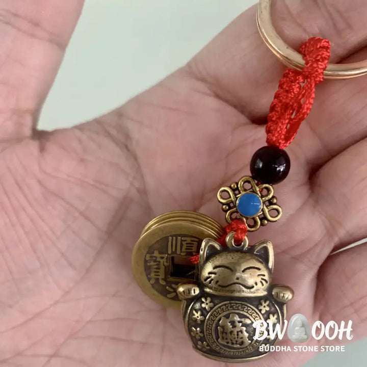 Buddha Stones Feng Shui Five Emperor Coins Lucky Cat Money Wealth Keychain - Lucky Cat - Key Chain