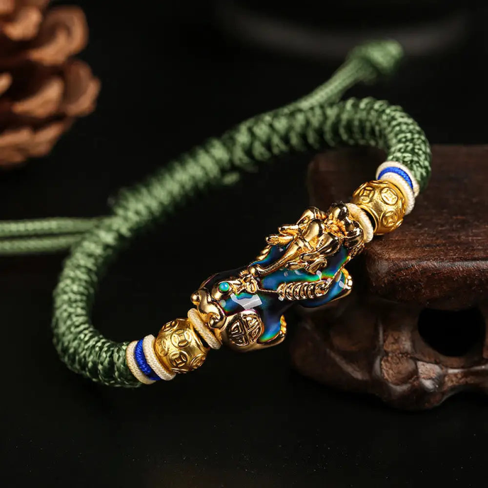 Buddha Stones Feng Shui PiXiu Color Change Copper Coin Beads Wealth String Bracelet - BWOOOH - Army Green PiXiu