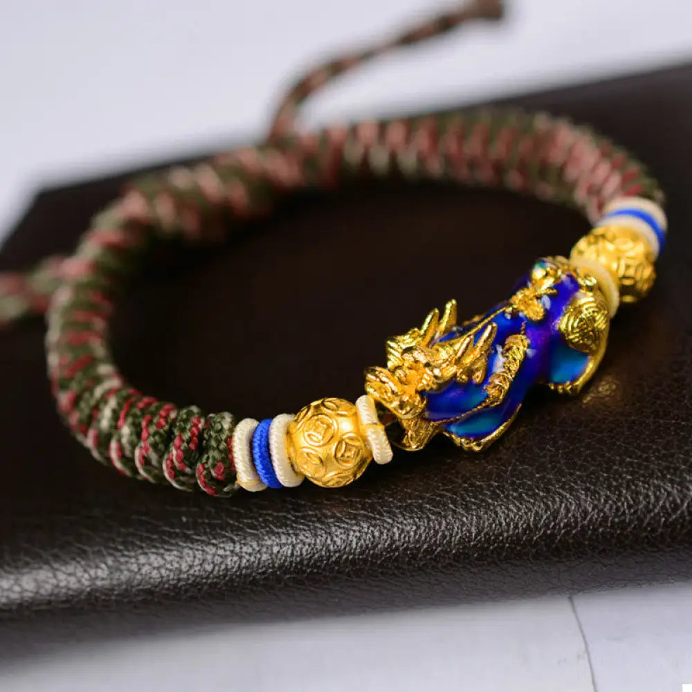 Buddha Stones Feng Shui PiXiu Color Change Copper Coin Beads Wealth String Bracelet - BWOOOH - Army Green Red PiXiu
