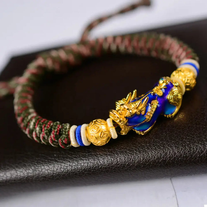 Buddha Stones Feng Shui PiXiu Color Change Copper Coin Beads Wealth String Bracelet - BWOOOH - Army Green Red PiXiu