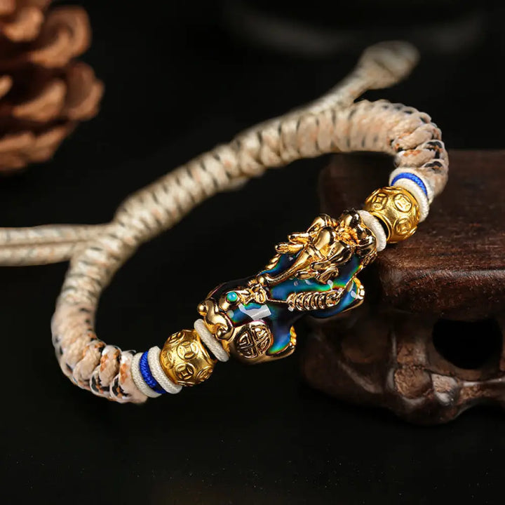 BWOOOH Feng Shui PiXiu Color Change Copper Coin Beads Wealth String Bracelet - BWOOOH - Beige Black PiXiu