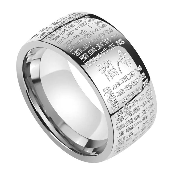 Buddha Stones FengShui Buddhism Ancient Heart Sutra Lucky Ring - BWOOOH - Silver-US7 - Ring