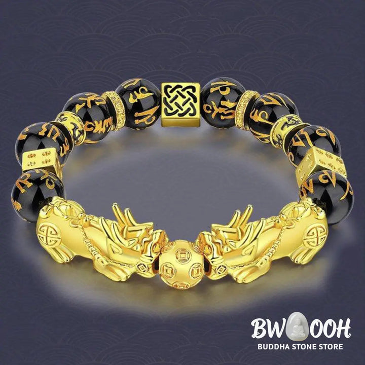 Buddha Stones FengShui Double PiXiu Obsidian Om Mani Padme Hum Wealth Bracelet - BWOOOH - 12mm(Wrist Circumference: