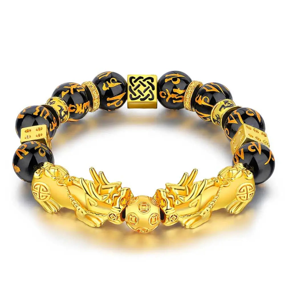 Buddha Stones FengShui Double PiXiu Obsidian Om Mani Padme Hum Wealth Bracelet - BWOOOH - 12mm(Wrist Circumference: